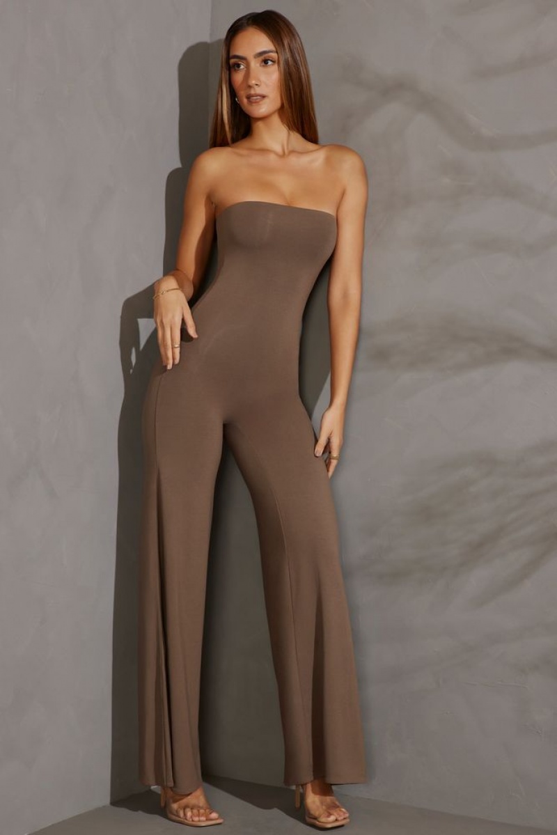 Taupe Oh Polly Aaliyah Petite Bandeau Wide Leg Jumpsuit | TJQX-67493