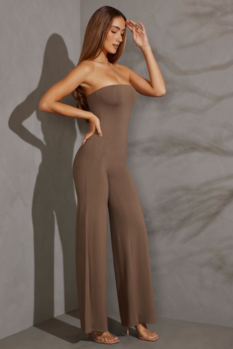 Taupe Oh Polly Aaliyah Petite Bandeau Wide Leg Jumpsuit | TJQX-67493