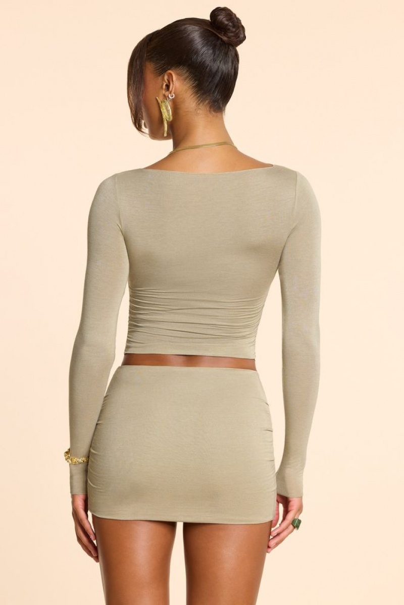 Taupe Oh Polly Billie Long Sleeve Straight Neck Ruched Modal Cashmere Blend Top | VAKS-32564