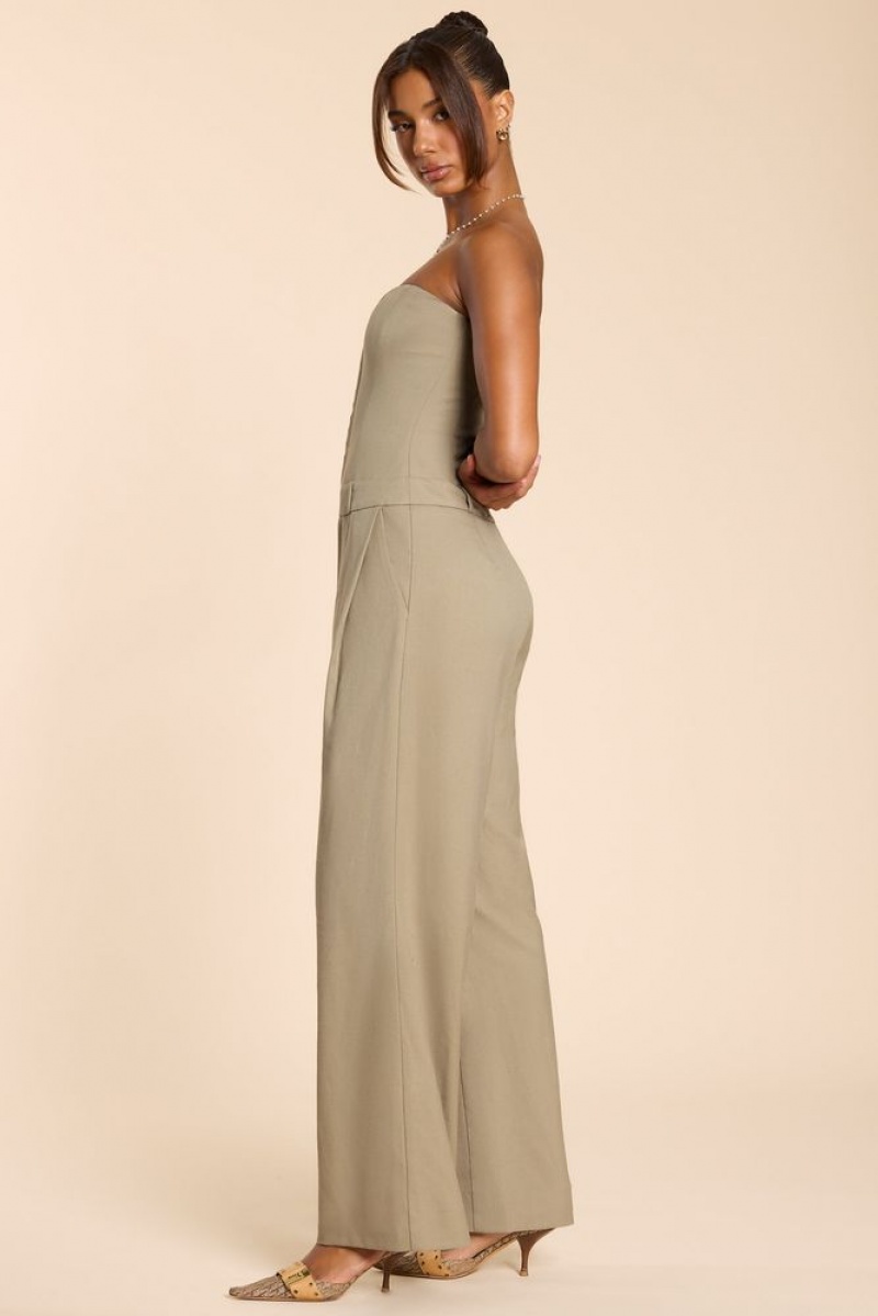 Taupe Oh Polly Goldie Petite Brushed Twill Bandeau Corset Jumpsuit | CQWT-73508