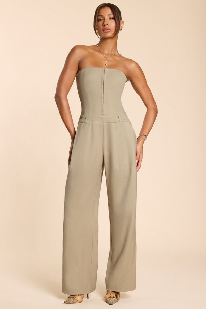 Taupe Oh Polly Goldie Petite Brushed Twill Bandeau Corset Jumpsuit | CQWT-73508