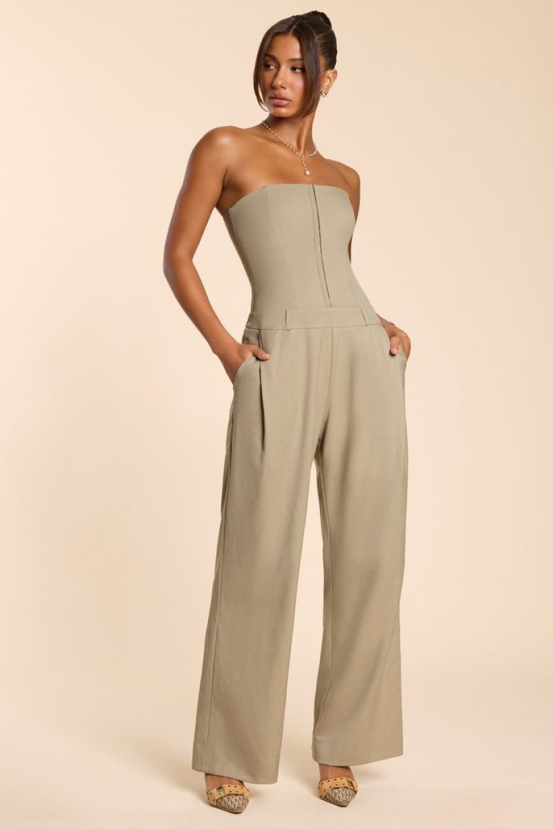 Taupe Oh Polly Goldie Petite Brushed Twill Bandeau Corset Jumpsuit | CQWT-73508