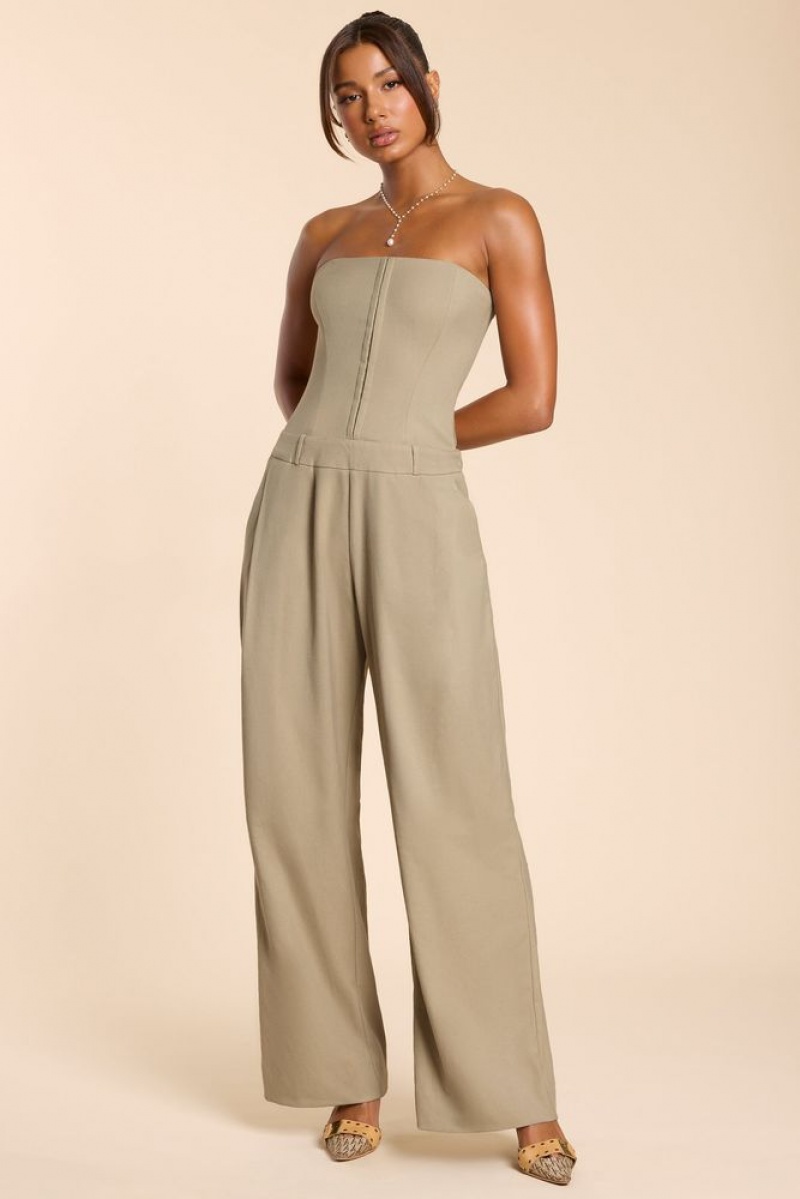 Taupe Oh Polly Goldie Petite Brushed Twill Bandeau Corset Jumpsuit | CQWT-73508