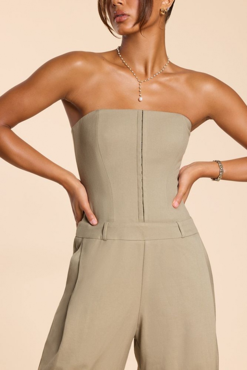 Taupe Oh Polly Goldie Petite Brushed Twill Bandeau Corset Jumpsuit | CQWT-73508