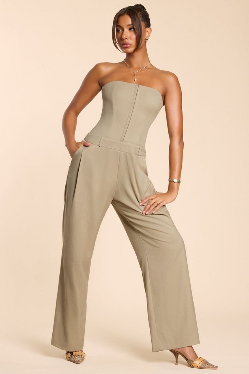 Taupe Oh Polly Goldie Petite Brushed Twill Bandeau Corset Jumpsuit | CQWT-73508