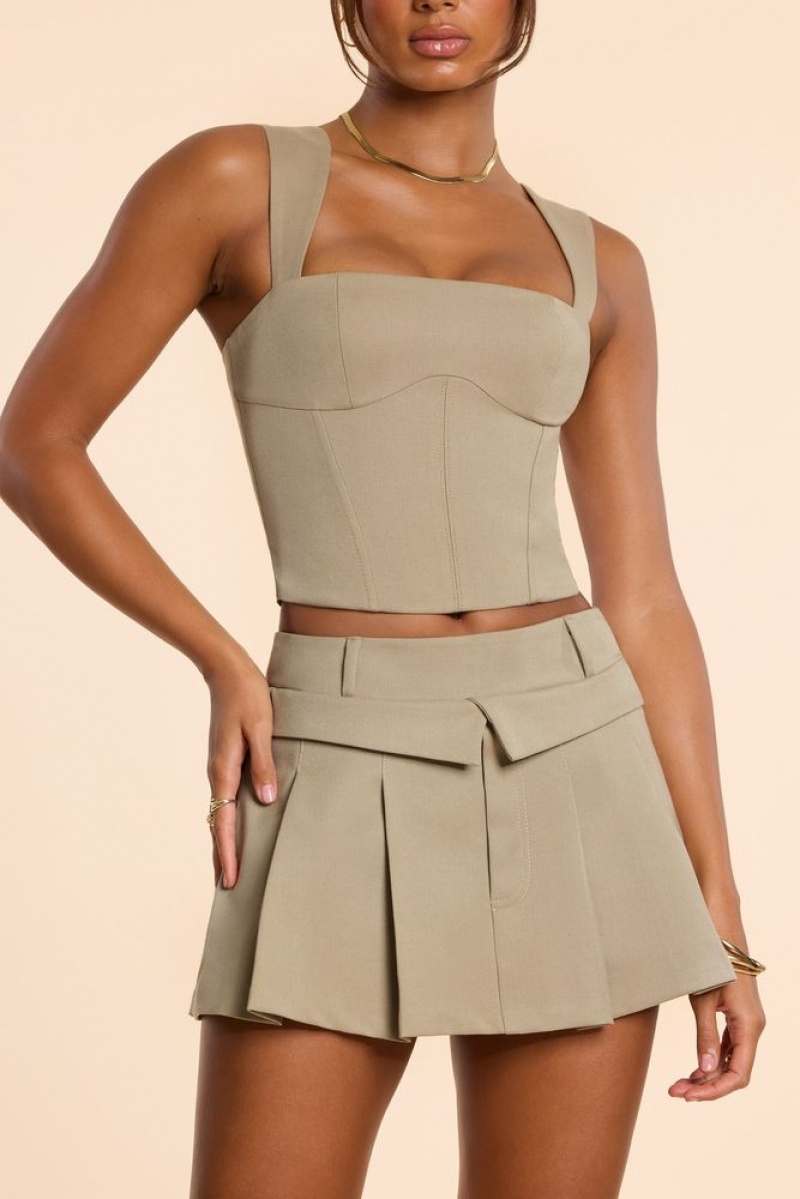 Taupe Oh Polly Maize Brushed Twill Mid Rise Pleated Micro Mini Skirt | YEJW-32490