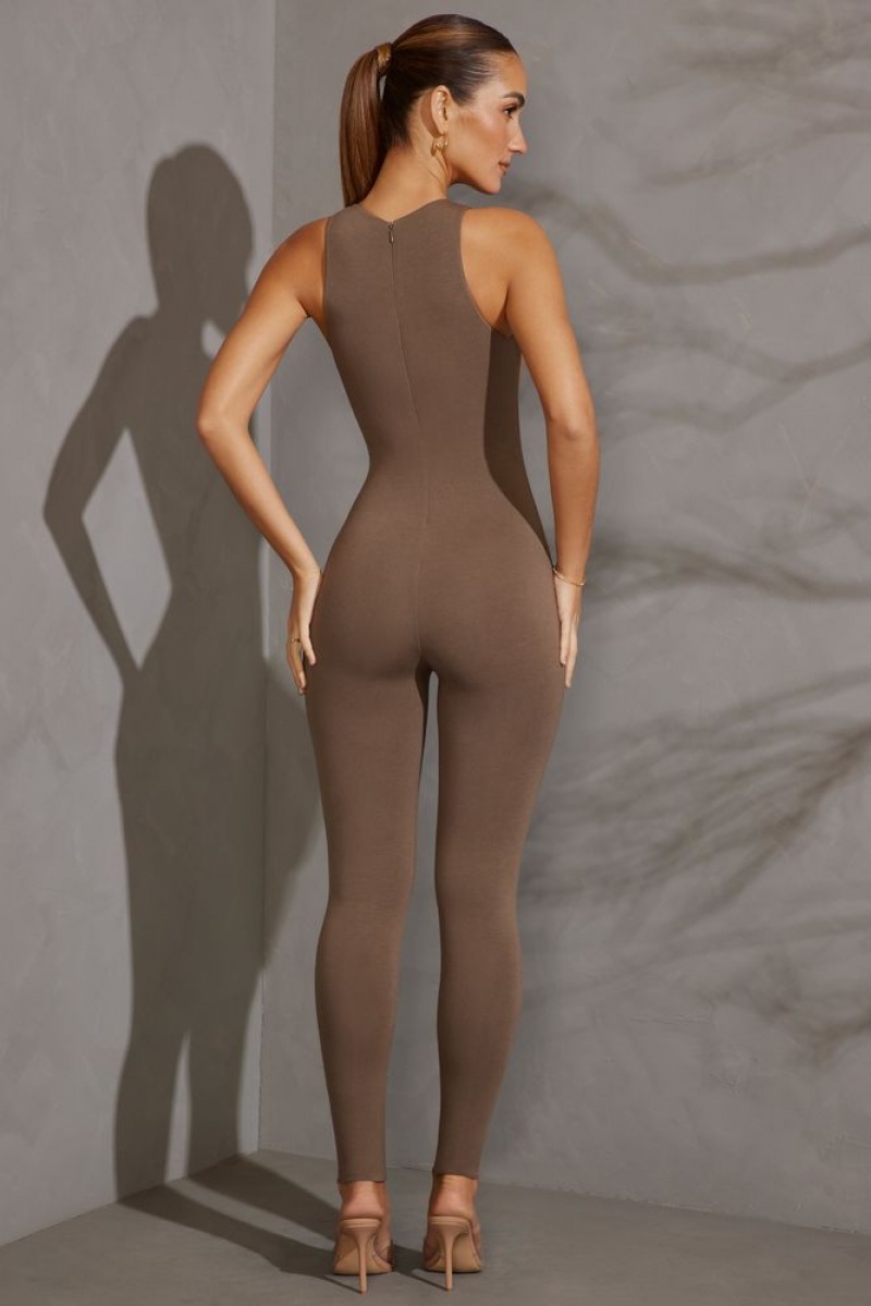 Taupe Oh Polly Vida Petite Racer Neck Jumpsuit | JWXN-43058