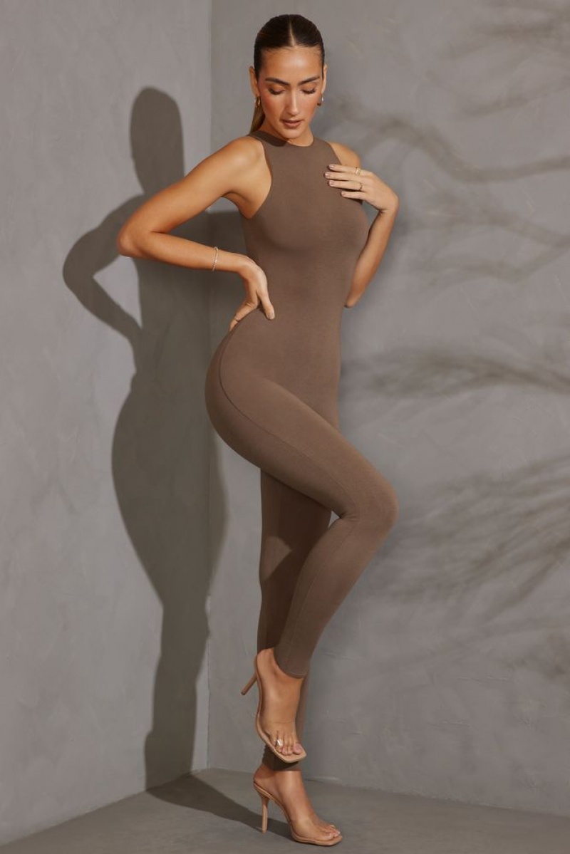 Taupe Oh Polly Vida Petite Racer Neck Jumpsuit | JWXN-43058