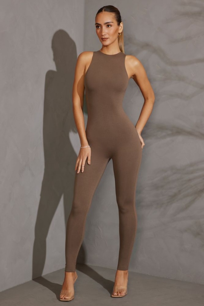 Taupe Oh Polly Vida Petite Racer Neck Jumpsuit | JWXN-43058