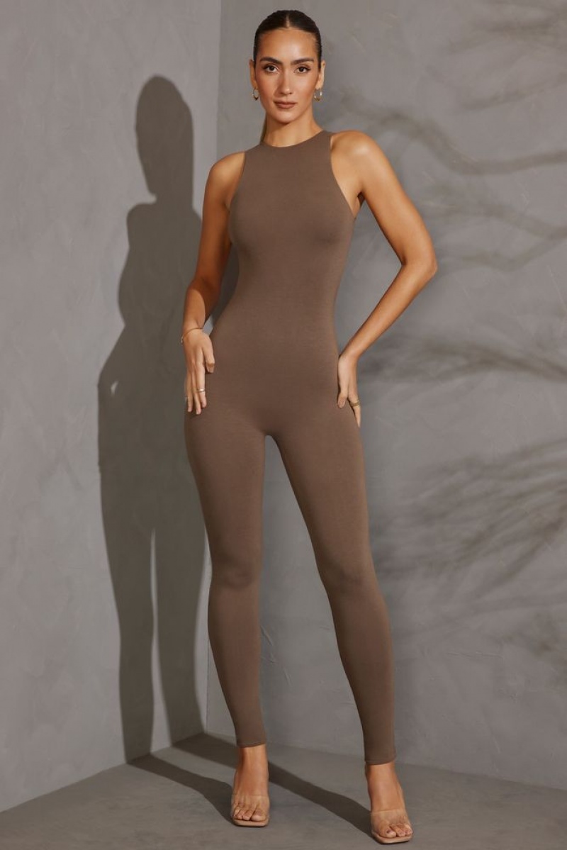 Taupe Oh Polly Vida Petite Racer Neck Jumpsuit | JWXN-43058