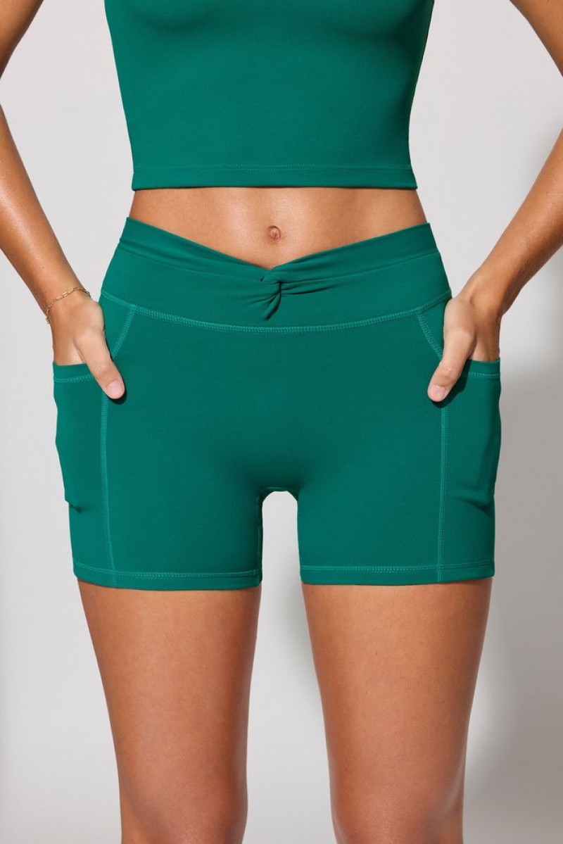 Teal Green Oh Polly Shift Twist Waist Mini Shorts with Pockets | VALO-85096