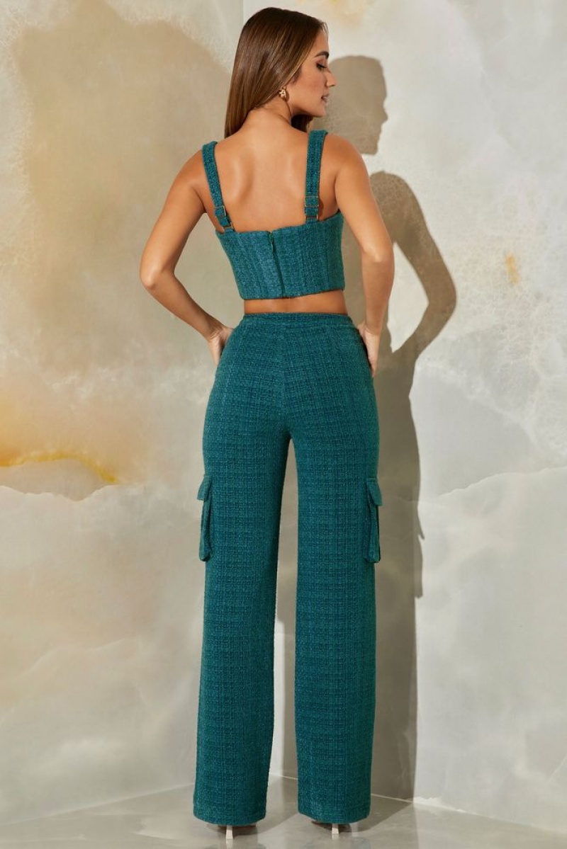 Teal Oh Polly Hendrix Tall Tweed Straight Leg Cargo Trousers | PSEZ-26304