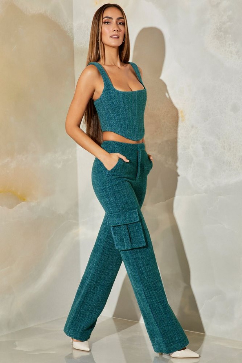 Teal Oh Polly Hendrix Tall Tweed Straight Leg Cargo Trousers | PSEZ-26304