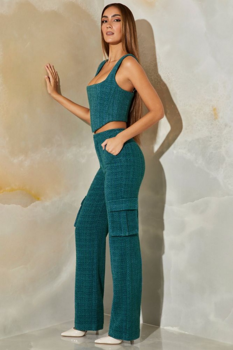 Teal Oh Polly Hendrix Tweed Straight Leg Cargo Trousers | KXBS-84529