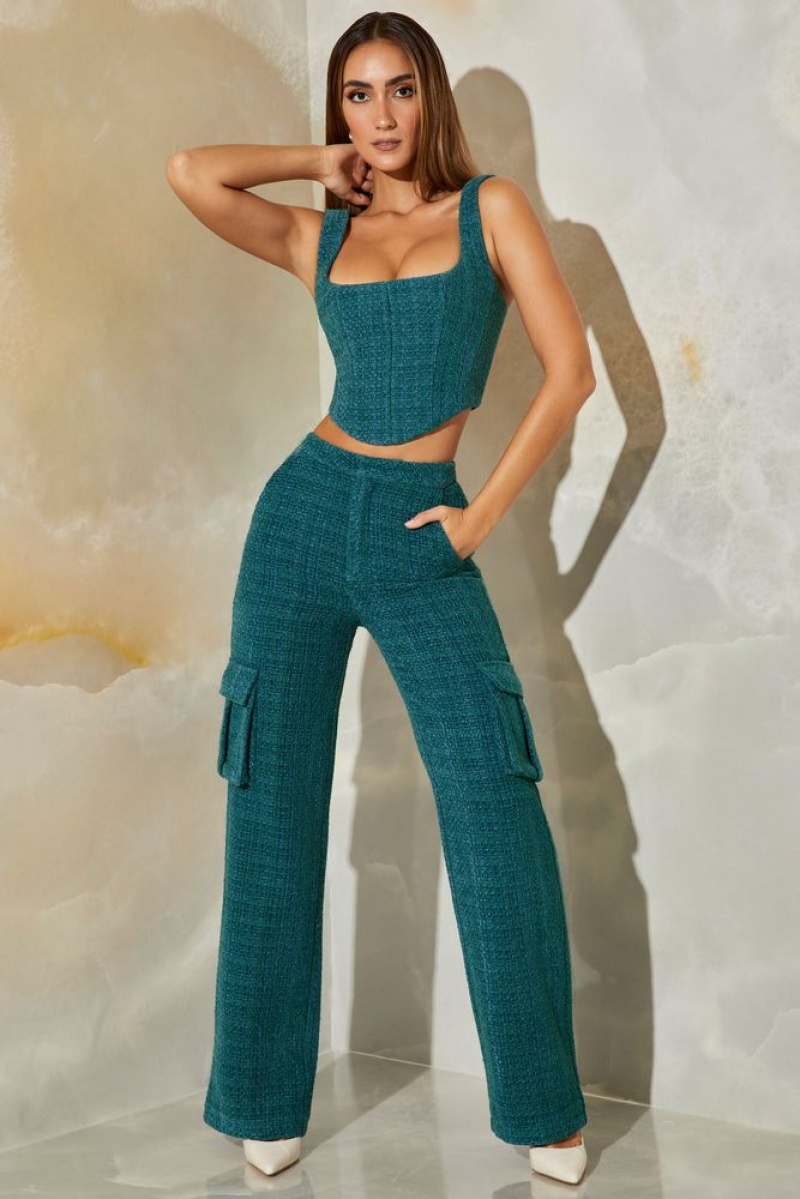 Teal Oh Polly Hendrix Tweed Straight Leg Cargo Trousers | KXBS-84529