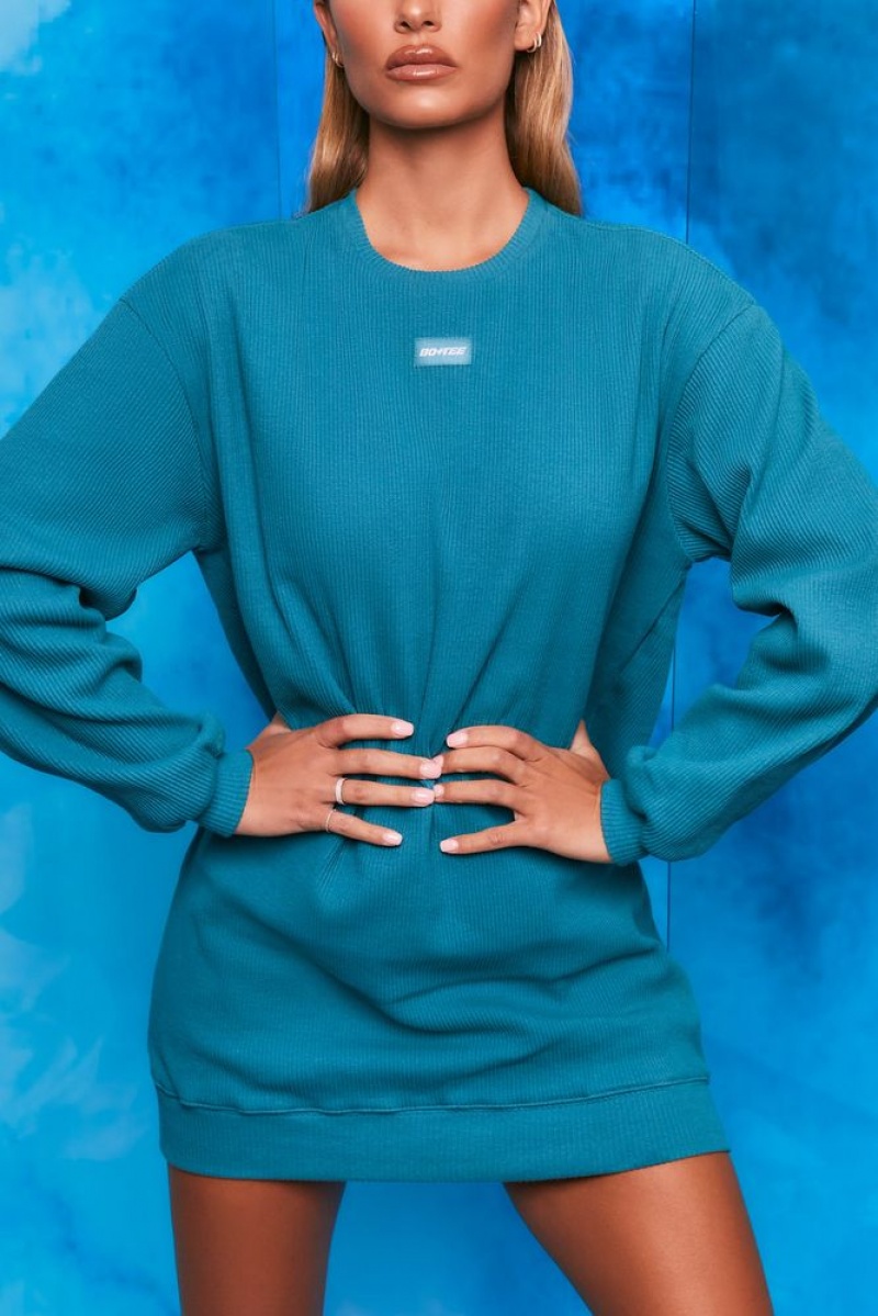 Teal Oh Polly Recover Ribbed Longline Sweatshirt | HWCF-13948