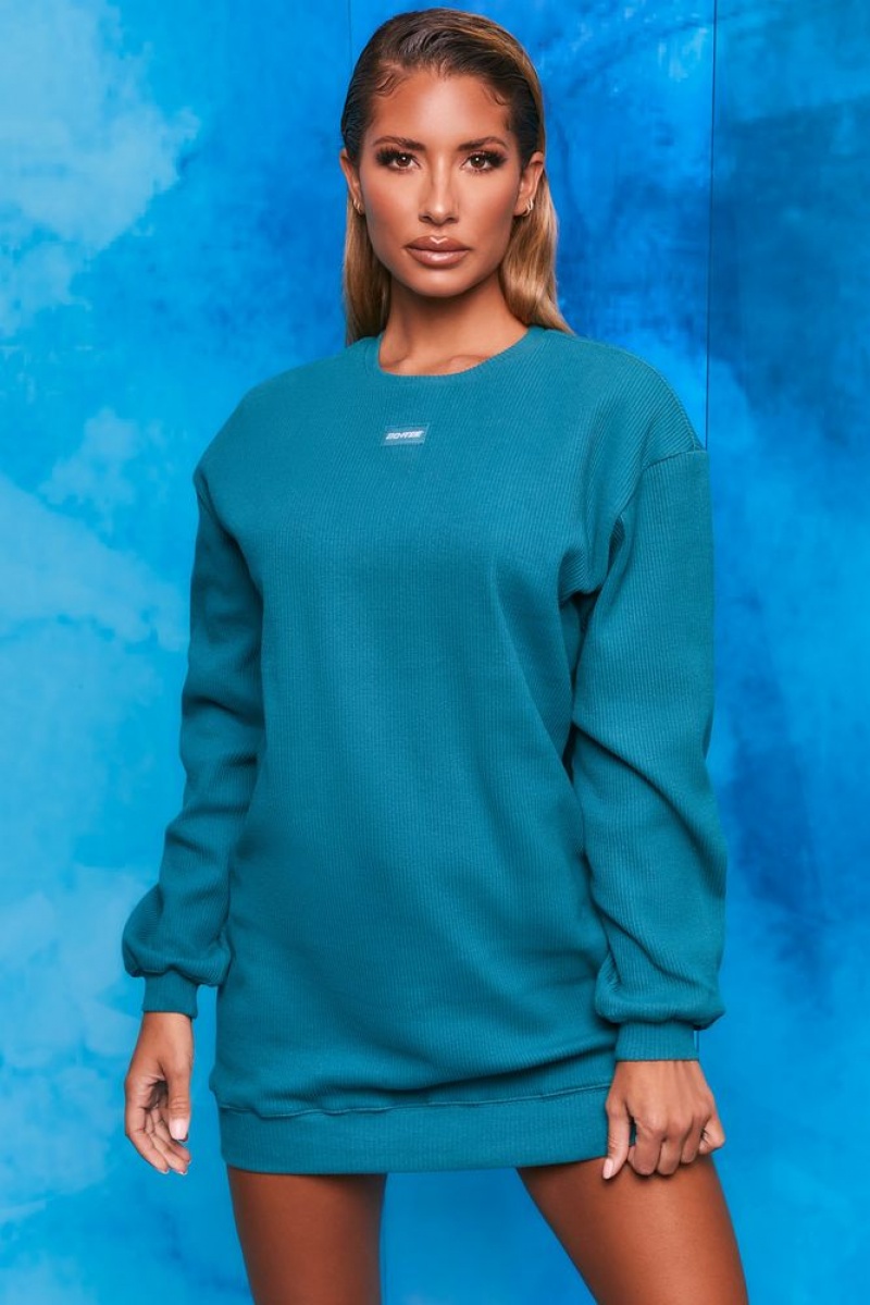 Teal Oh Polly Recover Ribbed Longline Sweatshirt | HWCF-13948