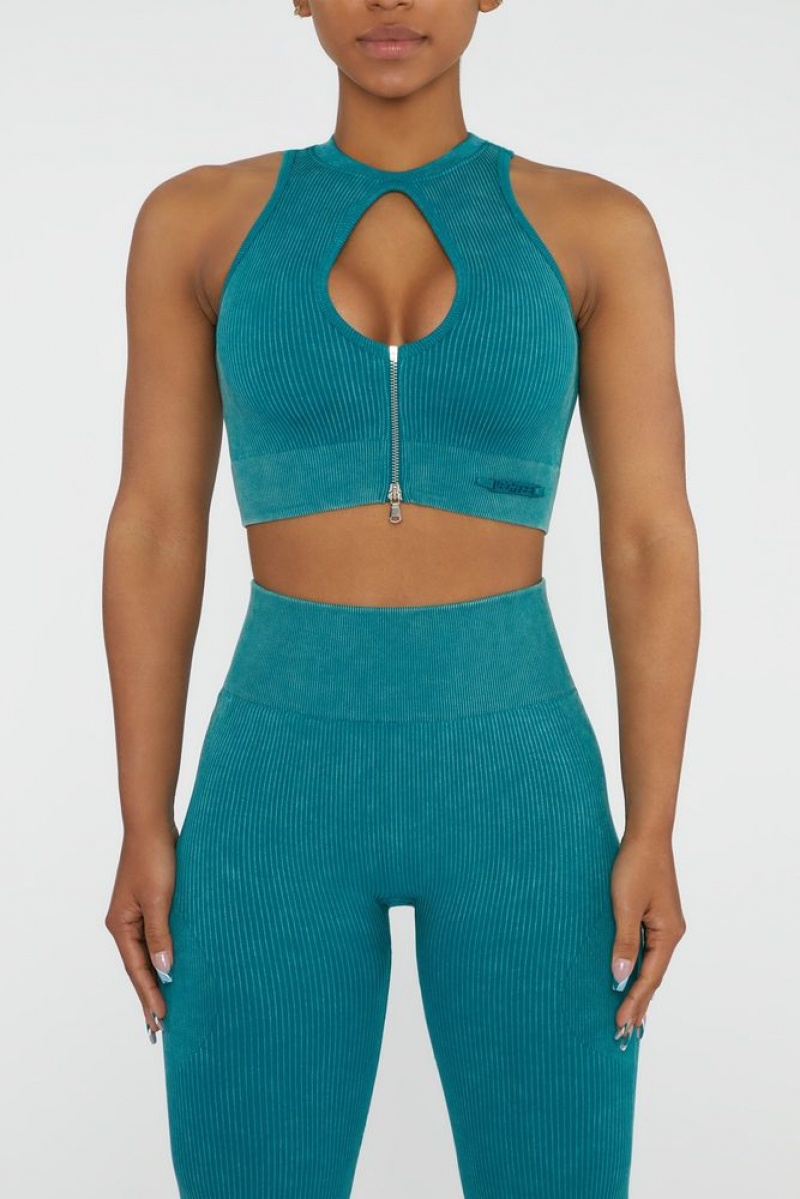 Teal Oh Polly Relay Keyhole Zip Crop Top | BCNS-65379