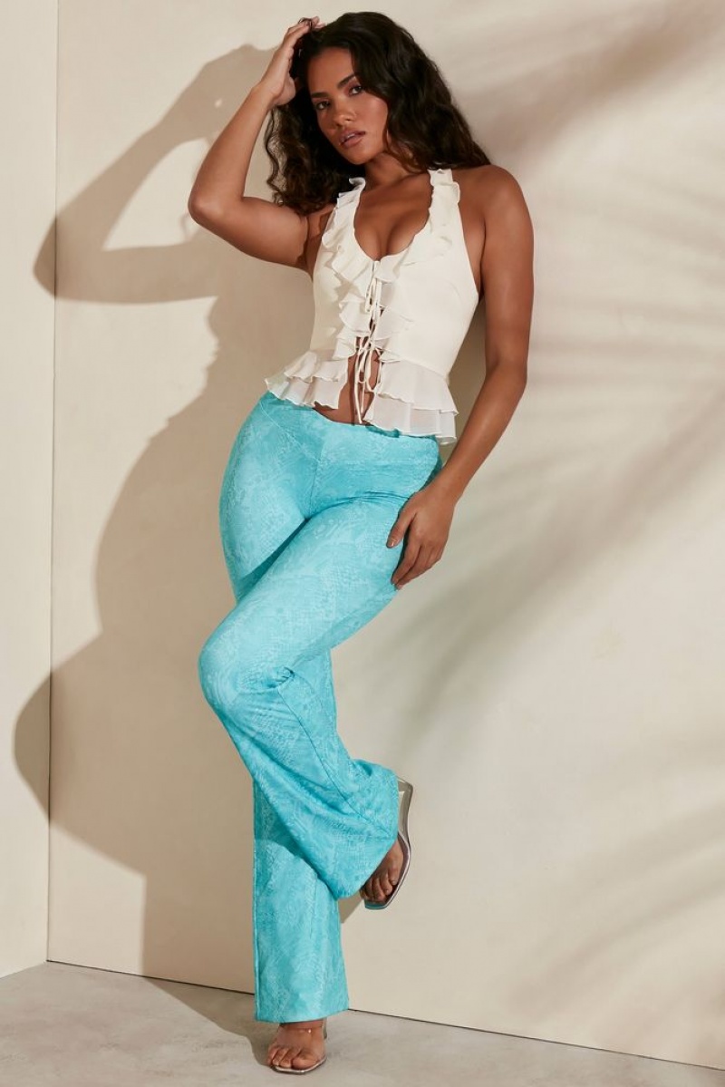 Teal Print Oh Polly Itsaso Detail Flare Trousers | JKMC-24560