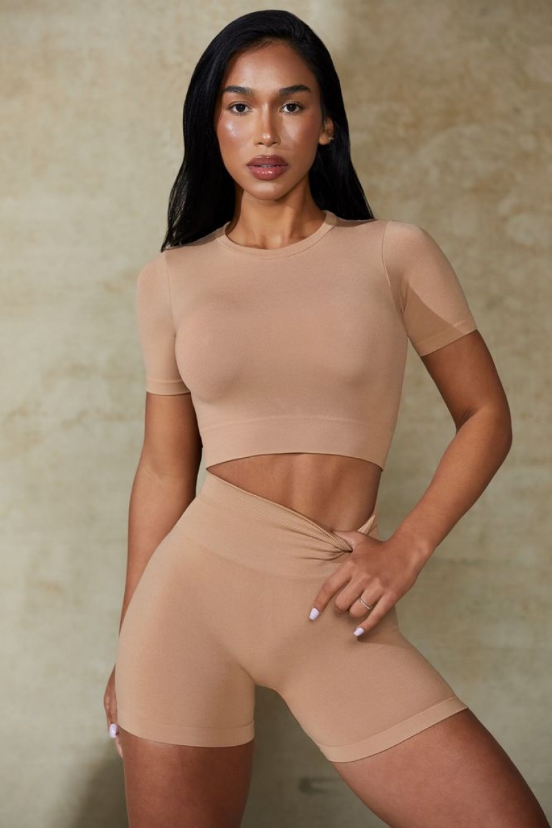 Warm Taupe Oh Polly Contour High Waist Define Luxe Mini Shorts | HIZM-41027