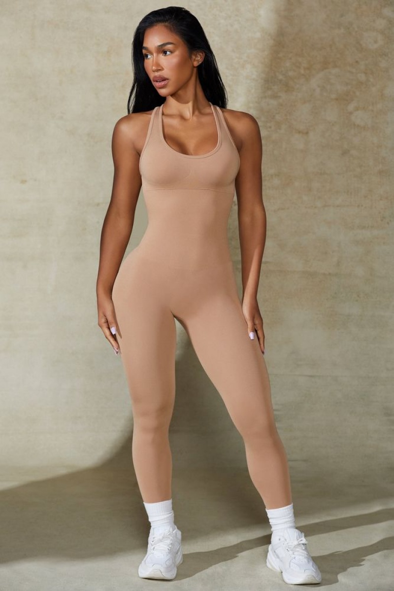 Warm Taupe Oh Polly Silhouette Open Back Define Luxe Unitard | FCYH-95234