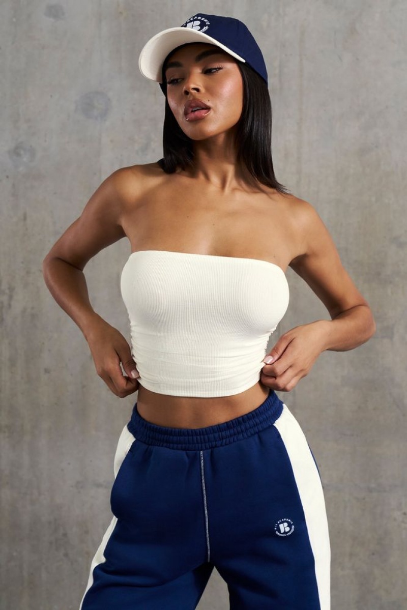 White Oh Polly Ability Soft Rib Ruched Bandeau Top | XRFV-83256