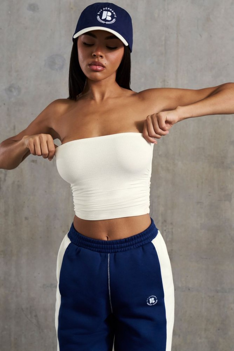 White Oh Polly Ability Soft Rib Ruched Bandeau Top | XRFV-83256