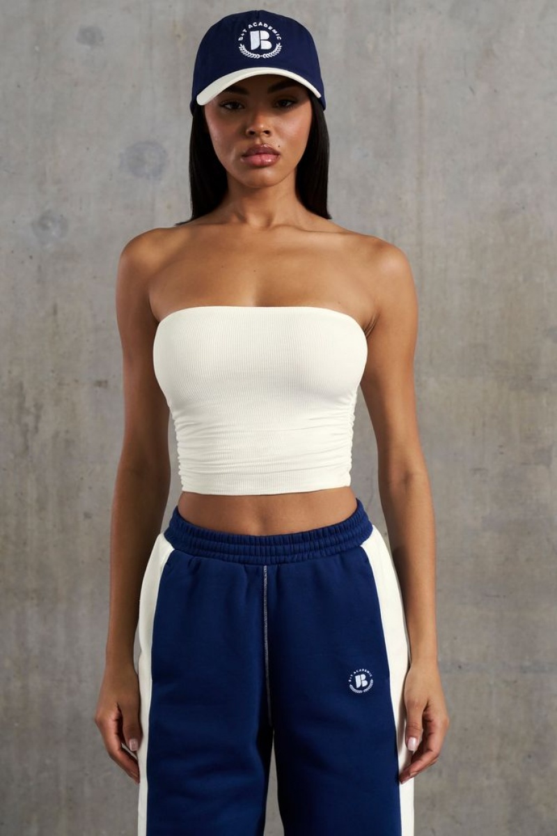 White Oh Polly Ability Soft Rib Ruched Bandeau Top | XRFV-83256