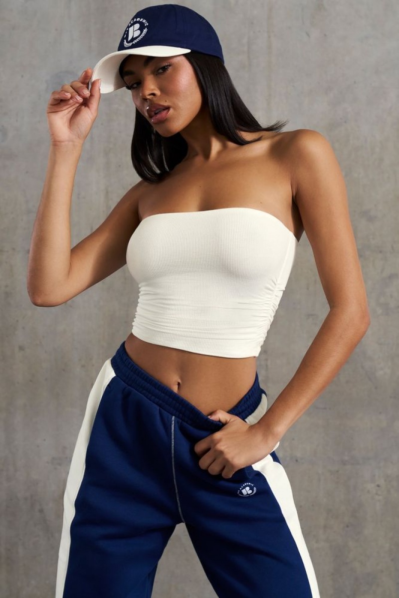 White Oh Polly Ability Soft Rib Ruched Bandeau Top | XRFV-83256