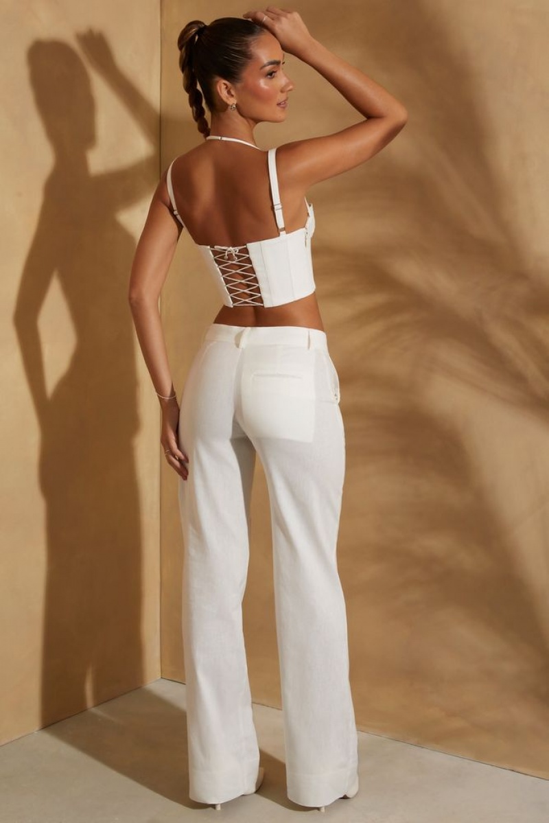 White Oh Polly Anistyn Petite High Waist Straight Leg Linen Trousers | PRVI-37598