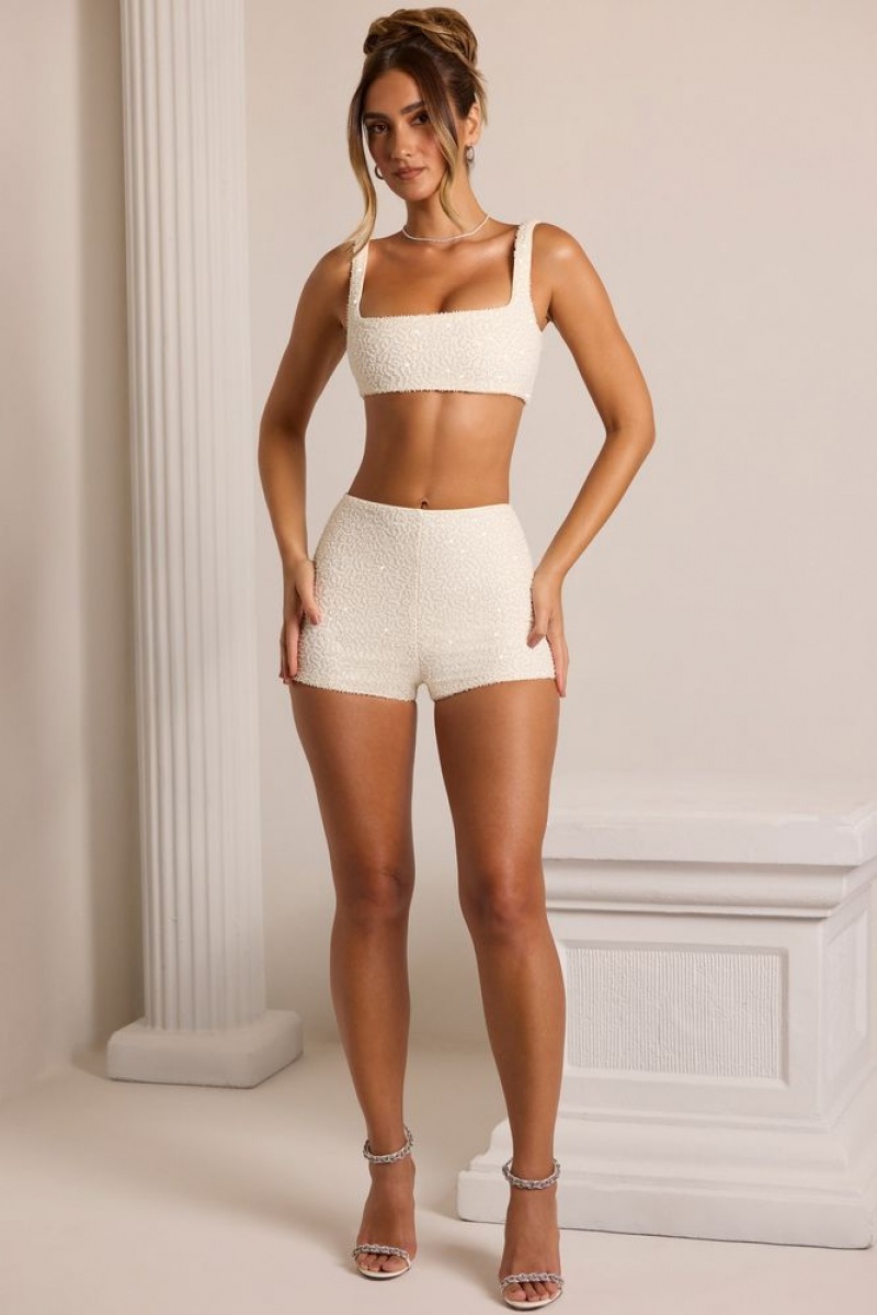 White Oh Polly Chambord Embellished High Waist Hot Pant Shorts | ALND-91623