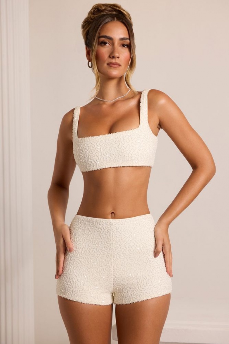 White Oh Polly Chambord Embellished High Waist Hot Pant Shorts | ALND-91623