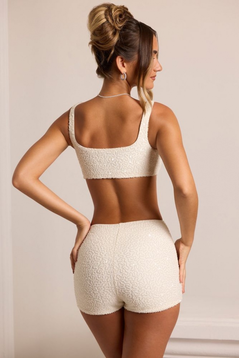 White Oh Polly Chambord Embellished High Waist Hot Pant Shorts | ALND-91623