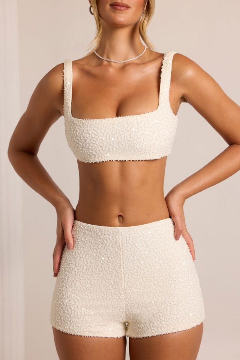 White Oh Polly Chambord Embellished High Waist Hot Pant Shorts | ALND-91623