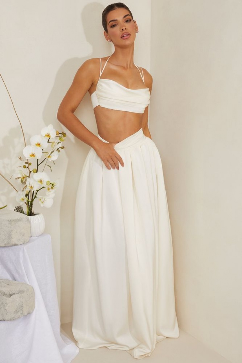 White Oh Polly Dulcie Cowl Neck Heavy Satin Crop Top | RHUP-61539