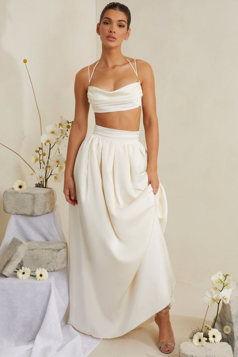 White Oh Polly Dulcie Cowl Neck Heavy Satin Crop Top | RHUP-61539