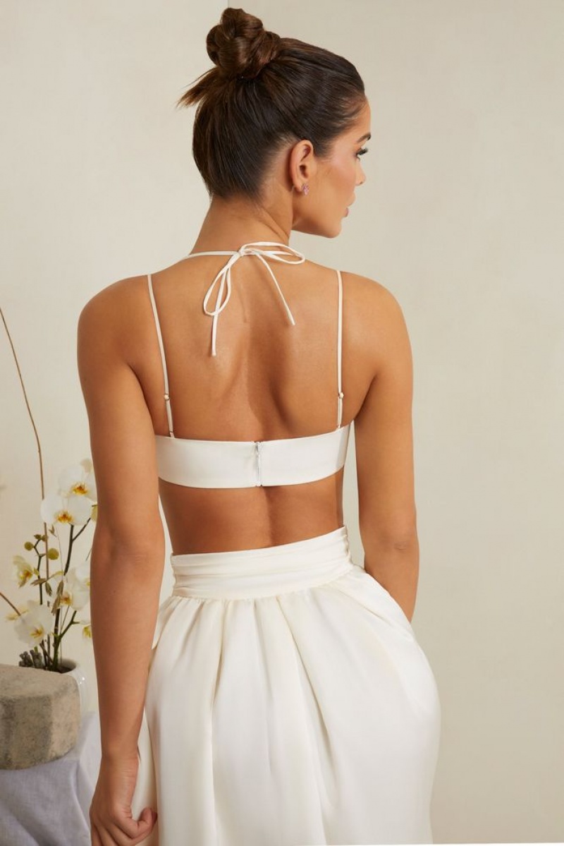 White Oh Polly Dulcie Cowl Neck Heavy Satin Crop Top | RHUP-61539