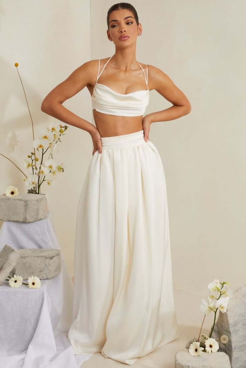 White Oh Polly Dulcie Cowl Neck Heavy Satin Crop Top | RHUP-61539