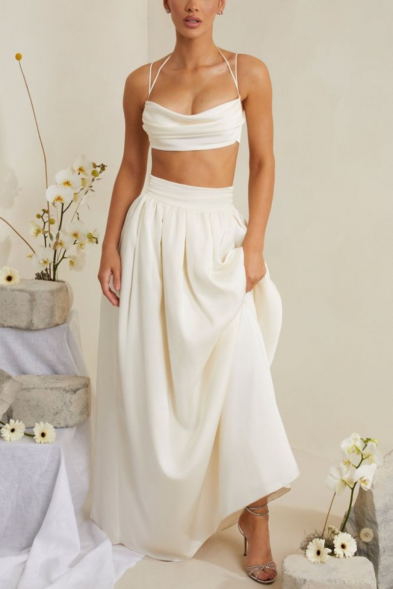 White Oh Polly Dulcie Cowl Neck Heavy Satin Crop Top | RHUP-61539