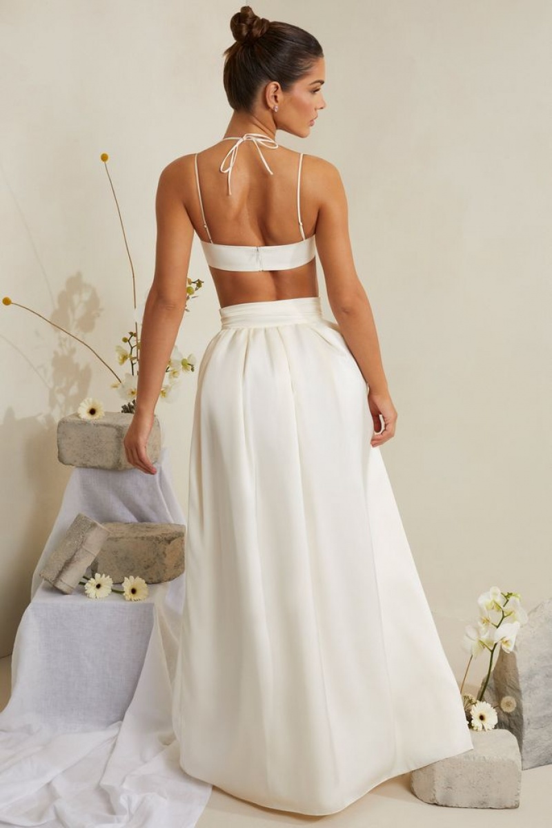 White Oh Polly Edyta Pleated Heavy Satin Maxi Skirt | PHWV-02967