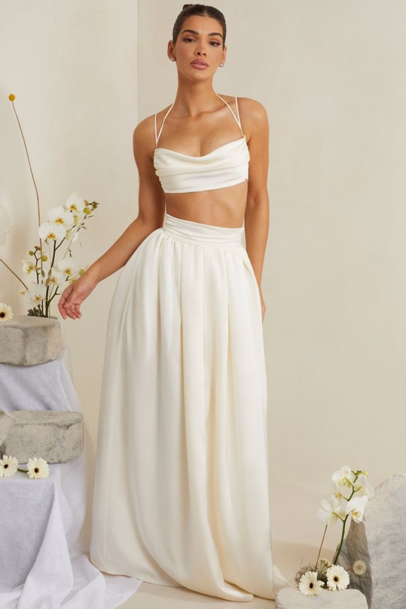 White Oh Polly Edyta Pleated Heavy Satin Maxi Skirt | PHWV-02967