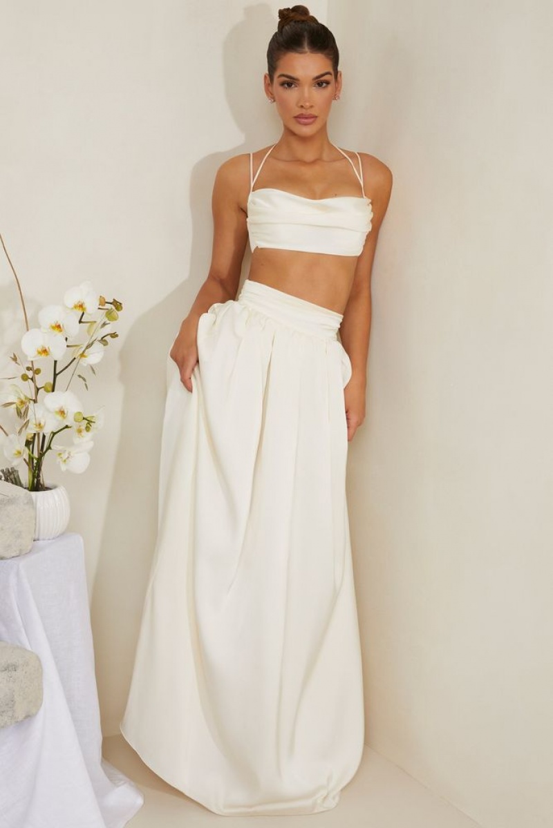 White Oh Polly Edyta Pleated Heavy Satin Maxi Skirt | PHWV-02967