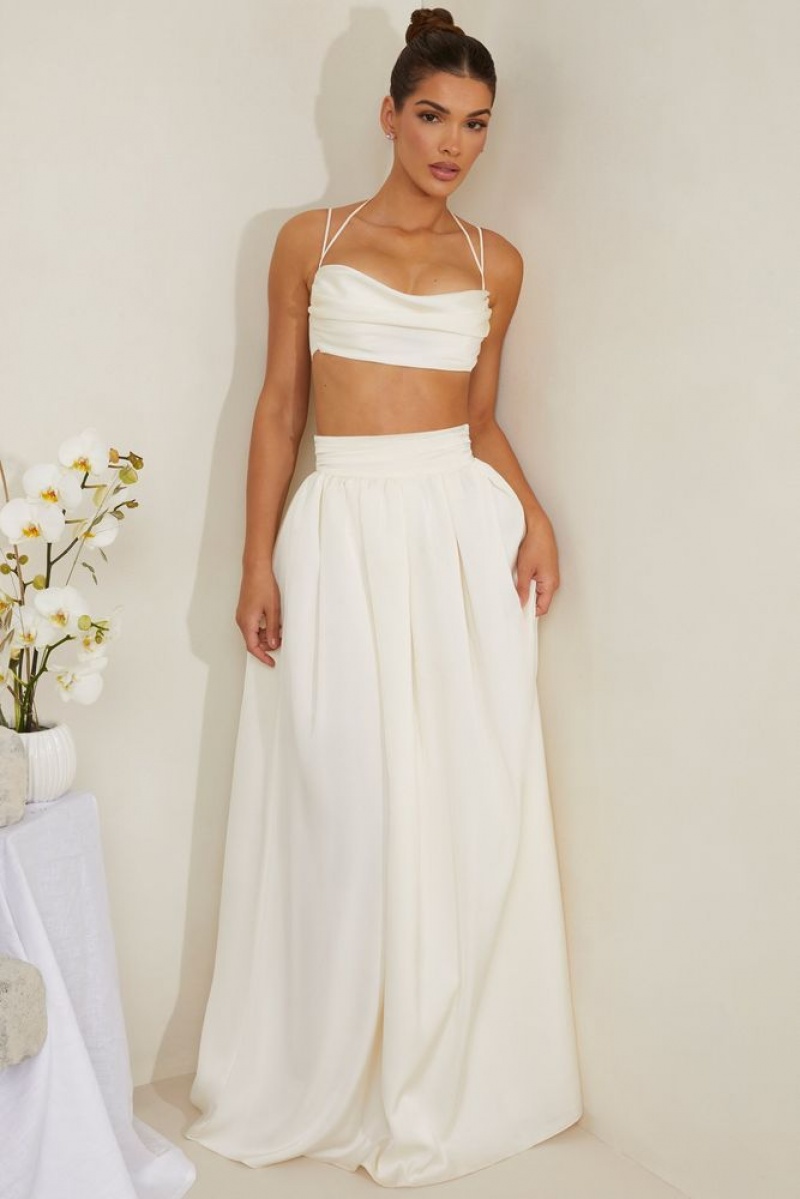 White Oh Polly Edyta Pleated Heavy Satin Maxi Skirt | PHWV-02967