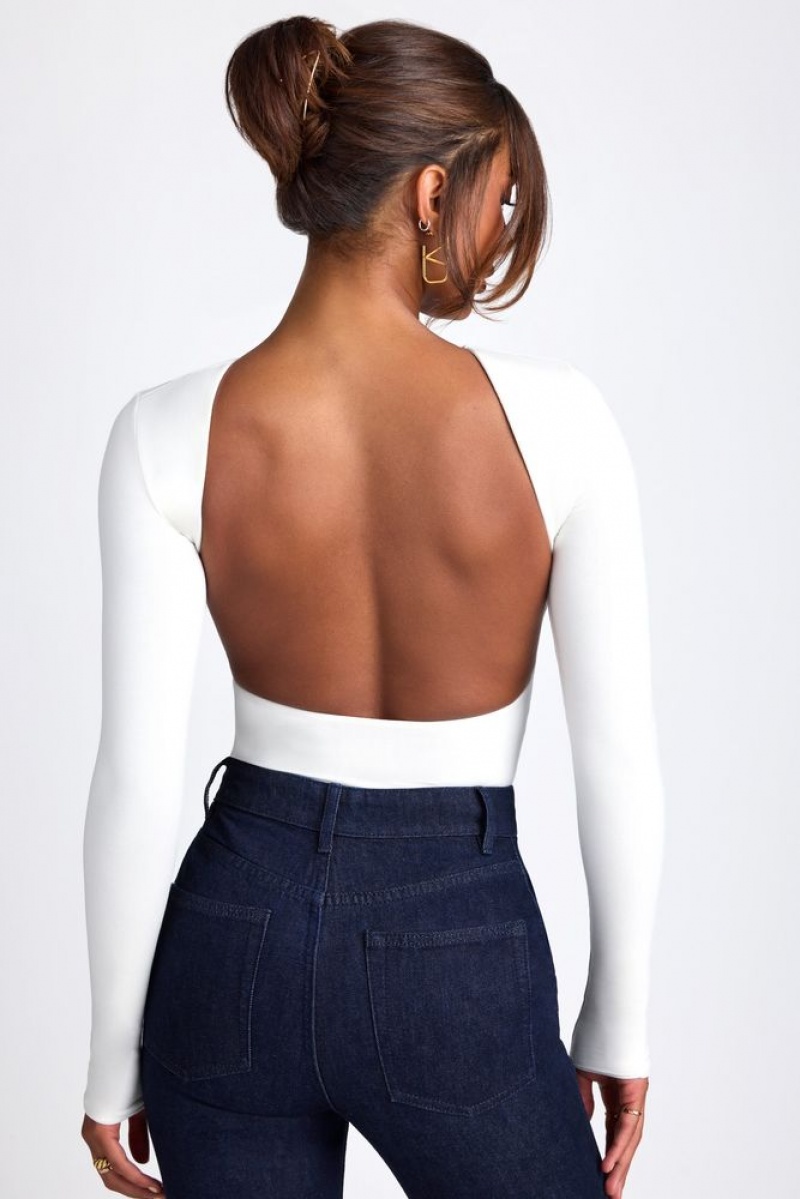 White Oh Polly Elli Modal High Neck Long Sleeve Open Back Top | MJUY-36185