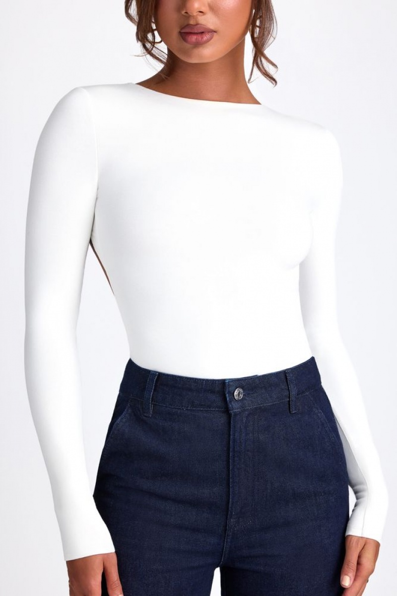 White Oh Polly Elli Modal High Neck Long Sleeve Open Back Top | MJUY-36185