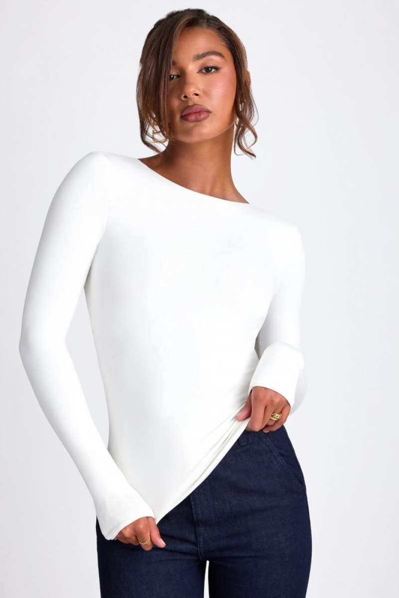 White Oh Polly Elli Modal High Neck Long Sleeve Open Back Top | MJUY-36185