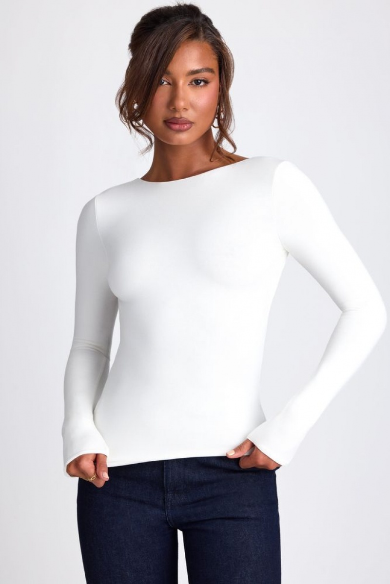 White Oh Polly Elli Modal High Neck Long Sleeve Open Back Top | MJUY-36185