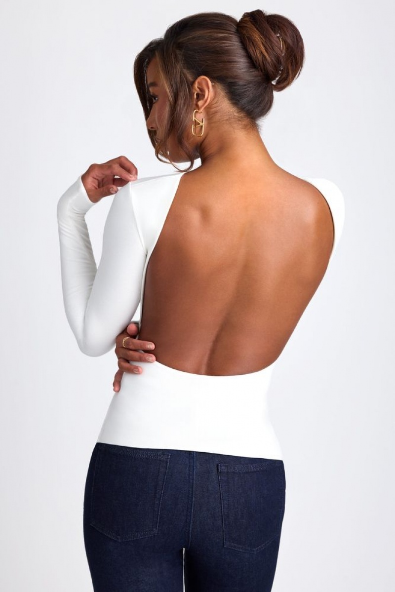 White Oh Polly Elli Modal High Neck Long Sleeve Open Back Top | MJUY-36185