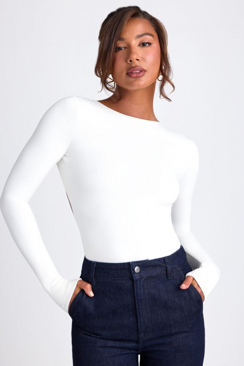 White Oh Polly Elli Modal High Neck Long Sleeve Open Back Top | MJUY-36185