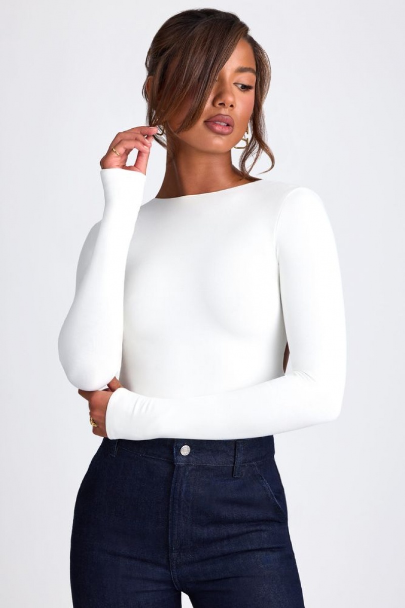 White Oh Polly Elli Modal High Neck Long Sleeve Open Back Top | MJUY-36185